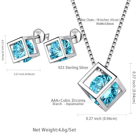 Ensemble de bijoux aigue-marine de mars, pierre de naissance Cube 3D, 3 pièces, cadeau d'anniversaire pour femmes et filles Ensemble de bijoux aigue-marine de mars, pierre de naissance Cube 3D, 3 pièces, cadeau d'anniversaire pour femmes et filles
