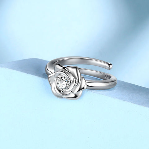 Anillo abierto con forma de rosa y flor en 3D, regalo de cumpleaños para mujeres y niñas, Plata de Ley 925 Anillo abierto con forma de rosa y flor en 3D, regalo de cumpleaños para mujeres y niñas, Plata de Ley 925