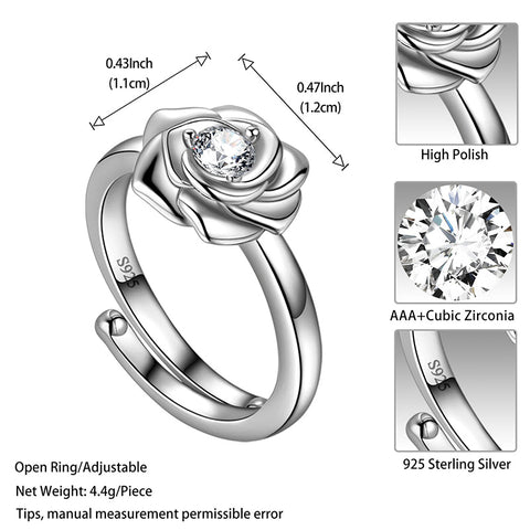 Anillo abierto con forma de rosa y flor en 3D, regalo de cumpleaños para mujeres y niñas, Plata de Ley 925 Anillo abierto con forma de rosa y flor en 3D, regalo de cumpleaños para mujeres y niñas, Plata de Ley 925