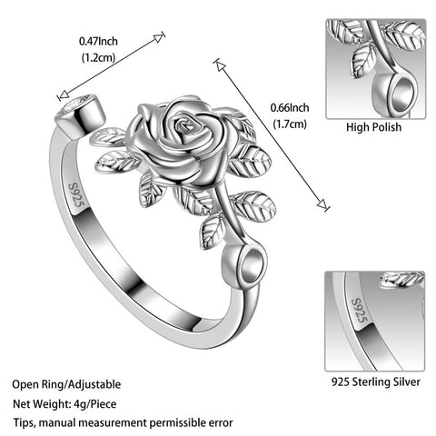Anello con fiore rosa 3D Gioielli da donna Anello aperto avvolgente in argento sterling 925 Anello con fiore rosa 3D Gioielli da donna Anello aperto avvolgente in argento sterling 925
