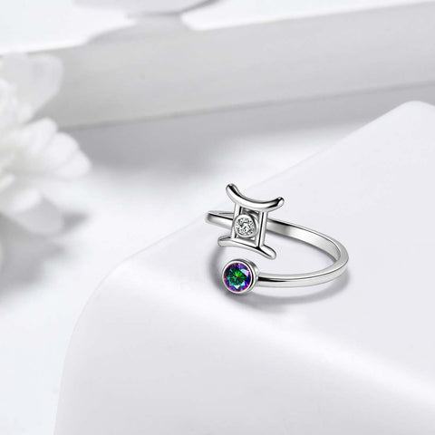 Anéis do Zodíaco de Gêmeos para Mulheres e Meninas, Joias para Presente de Aniversário, Topázio Místico, Prata 925 Anéis do Zodíaco de Gêmeos para Mulheres e Meninas, Joias para Presente de Aniversário, Topázio Místico, Prata 925