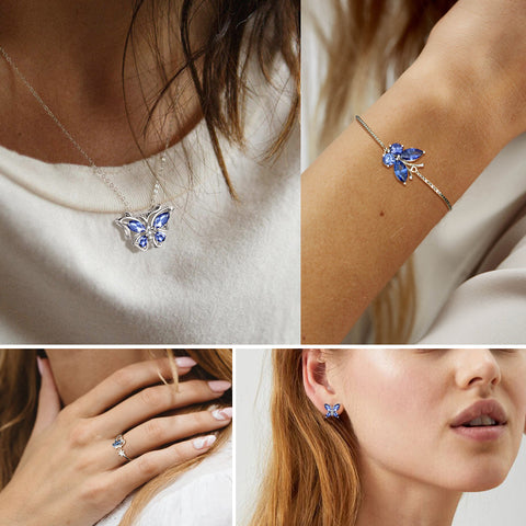 Set di gioielli con tanzanite di dicembre con pietre portafortuna a forma di farfalla, 4 pezzi, regalo di compleanno per donne e ragazze Set di gioielli con tanzanite di dicembre con pietre portafortuna a forma di farfalla, 4 pezzi, regalo di compleanno per donne e ragazze