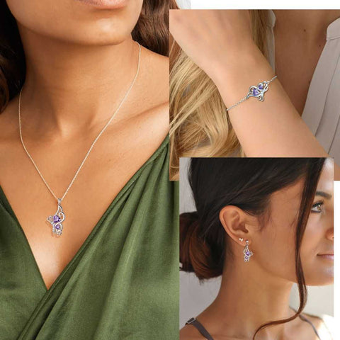 Ensemble de bijoux en améthyste avec pierre de naissance papillon, 4 pièces, cadeau d'anniversaire pour femmes et filles Ensemble de bijoux en améthyste avec pierre de naissance papillon, 4 pièces, cadeau d'anniversaire pour femmes et filles