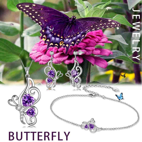 Ensemble de bijoux en améthyste avec pierre de naissance papillon, 4 pièces, cadeau d'anniversaire pour femmes et filles Ensemble de bijoux en améthyste avec pierre de naissance papillon, 4 pièces, cadeau d'anniversaire pour femmes et filles