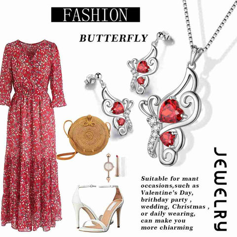 Set di gioielli in granato di gennaio con pietra portafortuna a forma di farfalla, regalo di compleanno per ragazze da donna, 3 pezzi Set di gioielli in granato di gennaio con pietra portafortuna a forma di farfalla, regalo di compleanno per ragazze da donna, 3 pezzi