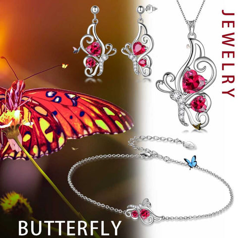 Ensemble de bijoux avec pierre de naissance papillon et rubis de juillet, 4 pièces, cadeau d'anniversaire pour femmes et filles Ensemble de bijoux avec pierre de naissance papillon et rubis de juillet, 4 pièces, cadeau d'anniversaire pour femmes et filles