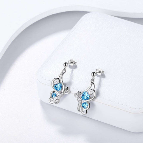 Boucles d'oreilles papillon avec pierre de naissance de mars, aigue-marine, bijoux pour femmes et filles, cadeau d'anniversaire, argent sterling Boucles d'oreilles papillon avec pierre de naissance de mars, aigue-marine, bijoux pour femmes et filles, cadeau d'anniversaire, argent sterling