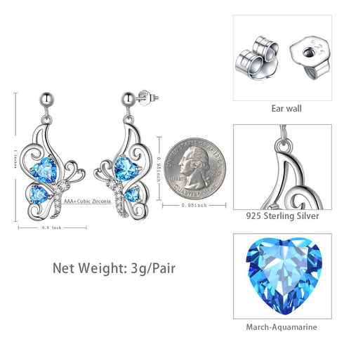 Boucles d'oreilles papillon avec pierre de naissance de mars, aigue-marine, bijoux pour femmes et filles, cadeau d'anniversaire, argent sterling Boucles d'oreilles papillon avec pierre de naissance de mars, aigue-marine, bijoux pour femmes et filles, cadeau d'anniversaire, argent sterling