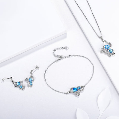 Butterfly Birthstone March Aquamarine Jewelry Set 4PCS Women Girls Birthday Gift Butterfly Birthstone March Aquamarine Jewelry Set 4PCS Women Girls Birthday Gift