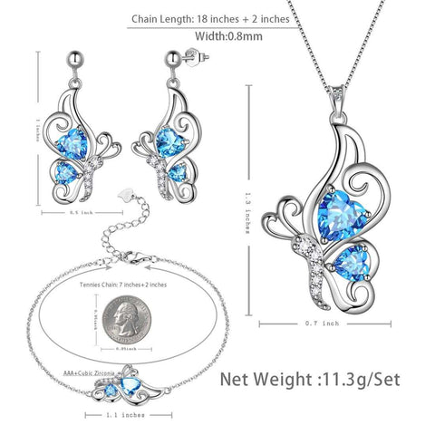Butterfly Birthstone March Aquamarine Jewelry Set 4PCS Women Girls Birthday Gift Butterfly Birthstone March Aquamarine Jewelry Set 4PCS Women Girls Birthday Gift