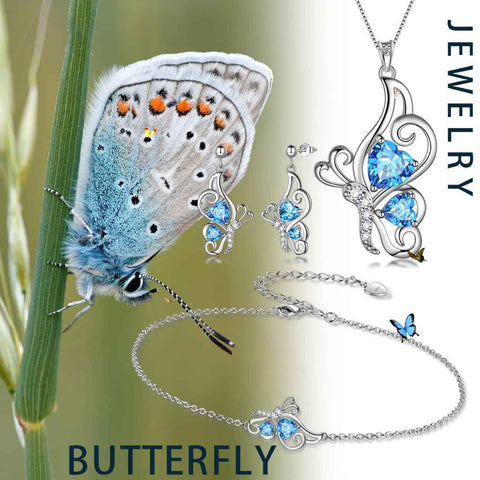 Butterfly Birthstone March Aquamarine Jewelry Set 4PCS Women Girls Birthday Gift Butterfly Birthstone March Aquamarine Jewelry Set 4PCS Women Girls Birthday Gift