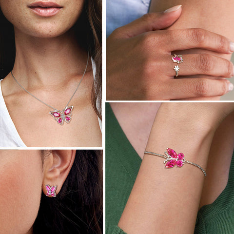 Juego de joyas de rubí de julio con piedra natal de mariposa, 4 piezas, joyería para mujeres y niñas, regalo de cumpleaños Juego de joyas de rubí de julio con piedra natal de mariposa, 4 piezas, joyería para mujeres y niñas, regalo de cumpleaños