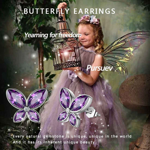 Boucles d'oreilles papillon avec pierre de naissance février améthyste, bijoux pour femmes et filles, cadeau d'anniversaire Boucles d'oreilles papillon avec pierre de naissance février améthyste, bijoux pour femmes et filles, cadeau d'anniversaire