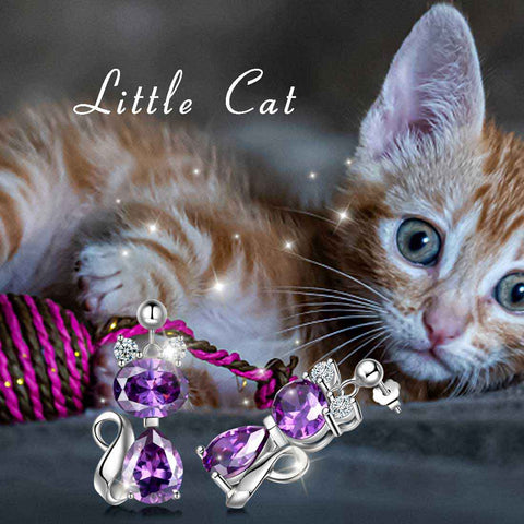 Pendientes de amatista con piedra natal de gato, joyería para mujeres y niñas, regalo de cumpleaños, plata de ley Pendientes de amatista con piedra natal de gato, joyería para mujeres y niñas, regalo de cumpleaños, plata de ley
