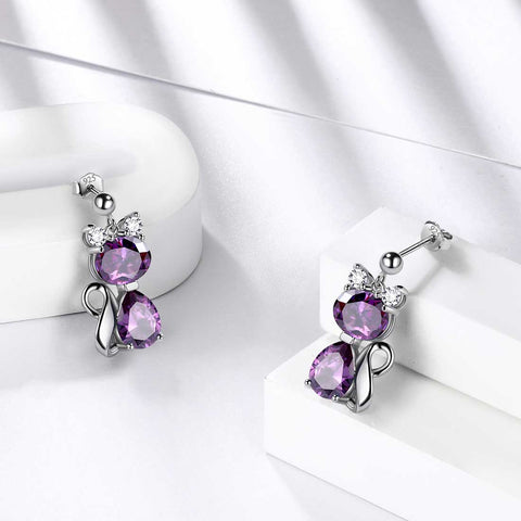 Pendientes de amatista con piedra natal de gato, joyería para mujeres y niñas, regalo de cumpleaños, plata de ley Pendientes de amatista con piedra natal de gato, joyería para mujeres y niñas, regalo de cumpleaños, plata de ley