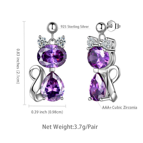 Pendientes de amatista con piedra natal de gato, joyería para mujeres y niñas, regalo de cumpleaños, plata de ley Pendientes de amatista con piedra natal de gato, joyería para mujeres y niñas, regalo de cumpleaños, plata de ley