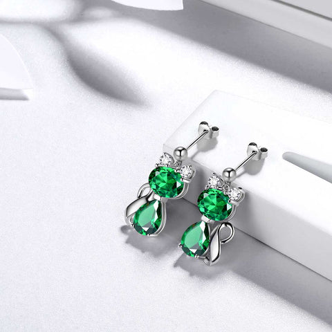 Gatto portafortuna maggio smeraldo orecchini donne ragazze gioielli regalo di compleanno argento sterling Gatto portafortuna maggio smeraldo orecchini donne ragazze gioielli regalo di compleanno argento sterling