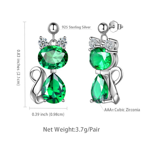 Gatto portafortuna maggio smeraldo orecchini donne ragazze gioielli regalo di compleanno argento sterling Gatto portafortuna maggio smeraldo orecchini donne ragazze gioielli regalo di compleanno argento sterling