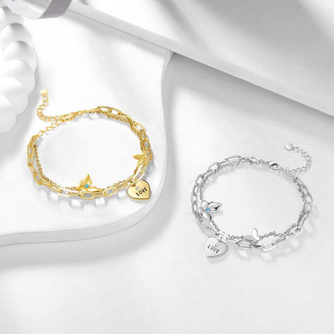 Delicati braccialetti a forma di cuore con maglie a strati e farfalle, regalo per ragazze, per donne Delicati braccialetti a forma di cuore con maglie a strati e farfalle, regalo per ragazze, per donne
