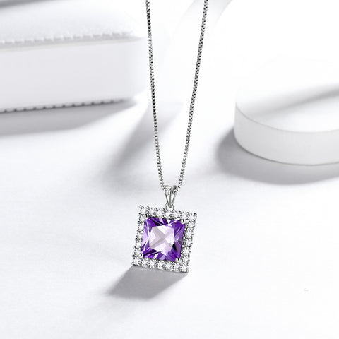 Quadratischer Geburtsstein Februar Amethyst Halskette Anhänger Damen Mädchen Schmuck Geburtstagsgeschenke Sterling Silber Quadratischer Geburtsstein Februar Amethyst Halskette Anhänger Damen Mädchen Schmuck Geburtstagsgeschenke Sterling Silber