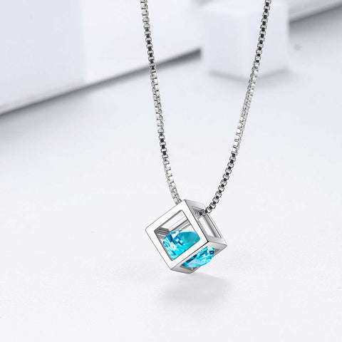 3D Cube Birthstone March Aquamarine Necklace Pendant Women Girls Jewelry Birthday Gift Sterling Silver 3D Cube Birthstone March Aquamarine Necklace Pendant Women Girls Jewelry Birthday Gift Sterling Silver