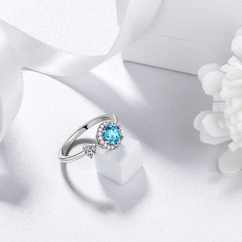 Anello portafortuna rotondo con acquamarina di marzo, gioielli da donna, regalo di compleanno, argento sterling Anello portafortuna rotondo con acquamarina di marzo, gioielli da donna, regalo di compleanno, argento sterling