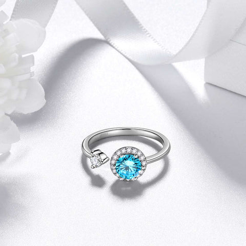 Anello portafortuna rotondo con acquamarina di marzo, gioielli da donna, regalo di compleanno, argento sterling Anello portafortuna rotondo con acquamarina di marzo, gioielli da donna, regalo di compleanno, argento sterling
