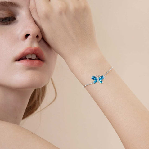 Schmetterlings-Armband, Geburtsstein, März, Aquamarin-Kristall, Damen- und Mädchen-Schmuck, Geburtstagsgeschenk Schmetterlings-Armband, Geburtsstein, März, Aquamarin-Kristall, Damen- und Mädchen-Schmuck, Geburtstagsgeschenk