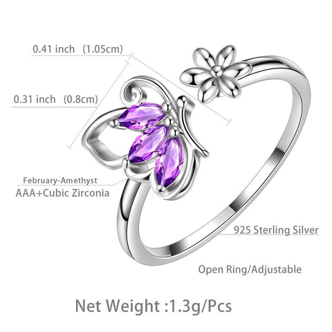 Schmetterlingsring, offener Geburtsstein, Februar, Amethyst, für Damen und Mädchen, Schmuck, Geburtstagsgeschenk Schmetterlingsring, offener Geburtsstein, Februar, Amethyst, für Damen und Mädchen, Schmuck, Geburtstagsgeschenk