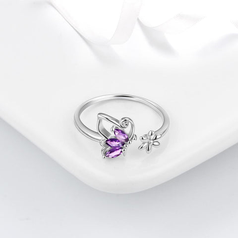 Schmetterlingsring, offener Geburtsstein, Februar, Amethyst, für Damen und Mädchen, Schmuck, Geburtstagsgeschenk Schmetterlingsring, offener Geburtsstein, Februar, Amethyst, für Damen und Mädchen, Schmuck, Geburtstagsgeschenk