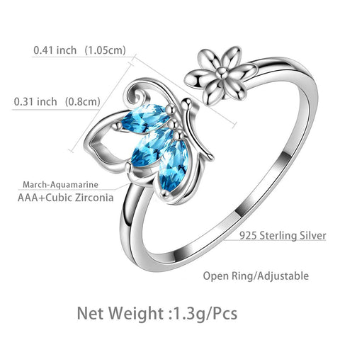 Schmetterlingsring, offener Geburtsstein, März, Aquamarin, Damen- und Mädchenschmuck, Geburtstagsgeschenk Schmetterlingsring, offener Geburtsstein, März, Aquamarin, Damen- und Mädchenschmuck, Geburtstagsgeschenk