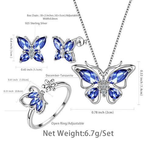 Set di gioielli con tanzanite di dicembre con pietre portafortuna a forma di farfalla, 4 pezzi, regalo di compleanno per donne e ragazze Set di gioielli con tanzanite di dicembre con pietre portafortuna a forma di farfalla, 4 pezzi, regalo di compleanno per donne e ragazze