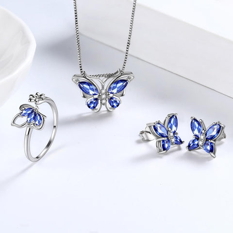 Set di gioielli con tanzanite di dicembre con pietre portafortuna a forma di farfalla, 4 pezzi, regalo di compleanno per donne e ragazze Set di gioielli con tanzanite di dicembre con pietre portafortuna a forma di farfalla, 4 pezzi, regalo di compleanno per donne e ragazze