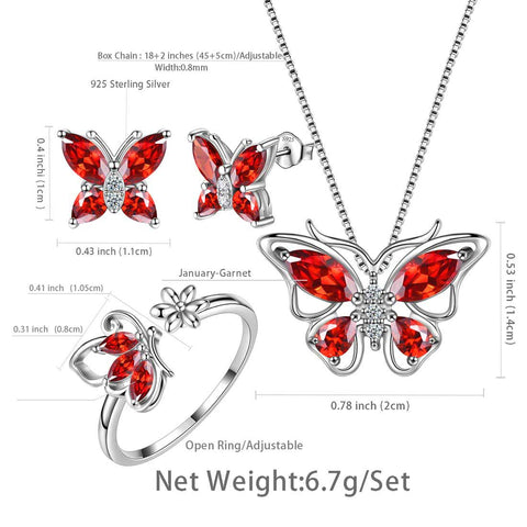 Set di gioielli in granato di gennaio con pietre portafortuna a forma di farfalla, 4 pezzi, regalo di compleanno per donne e ragazze Set di gioielli in granato di gennaio con pietre portafortuna a forma di farfalla, 4 pezzi, regalo di compleanno per donne e ragazze