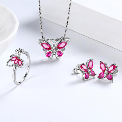 Juego de joyas de rubí de julio con piedra natal de mariposa, 4 piezas, joyería para mujeres y niñas, regalo de cumpleaños Juego de joyas de rubí de julio con piedra natal de mariposa, 4 piezas, joyería para mujeres y niñas, regalo de cumpleaños