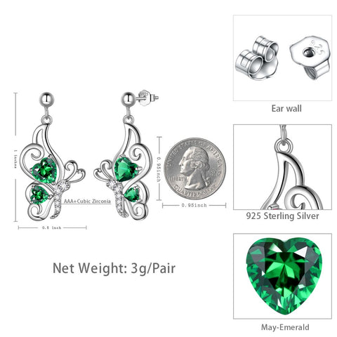 Boucles d'oreilles papillon avec pierre de naissance de mai et émeraude pour femmes et filles, bijoux cadeau d'anniversaire en argent sterling Boucles d'oreilles papillon avec pierre de naissance de mai et émeraude pour femmes et filles, bijoux cadeau d'anniversaire en argent sterling