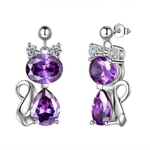 Cat Birthstone February Amethyst Earrings Sterling Silver - Earrings - Aurora Tears Cat Birthstone February Amethyst Earrings Sterling Silver - Earrings - Aurora Tears
