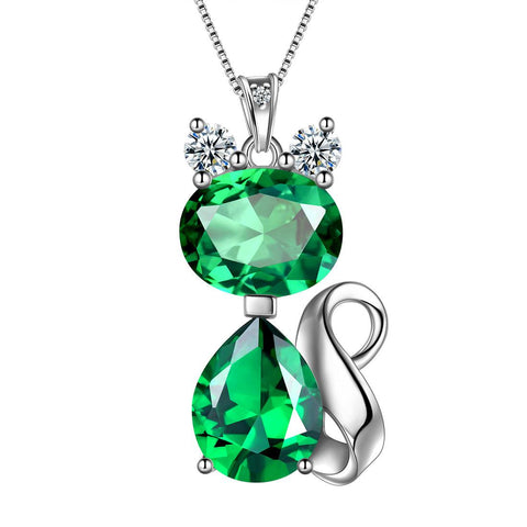 Cat Birthstone May Emerald Necklace Sterling Silver - Necklaces - Aurora Tears Cat Birthstone May Emerald Necklace Sterling Silver - Necklaces - Aurora Tears