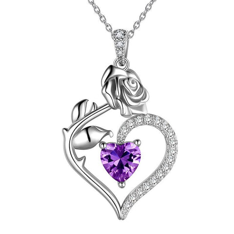 February Amethyst Heart Birthstone 3D Flower Rose Necklace Pendant - Necklaces - Aurora Tears February Amethyst Heart Birthstone 3D Flower Rose Necklace Pendant - Necklaces - Aurora Tears