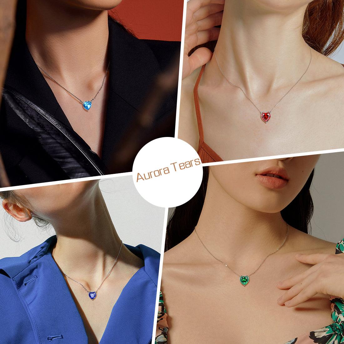 Birthstone Pendant Hearts Necklaces Sterling Silver - Necklaces - Aurora Tears Birthstone Pendant Hearts Necklaces Sterling Silver - Necklaces - Aurora Tears