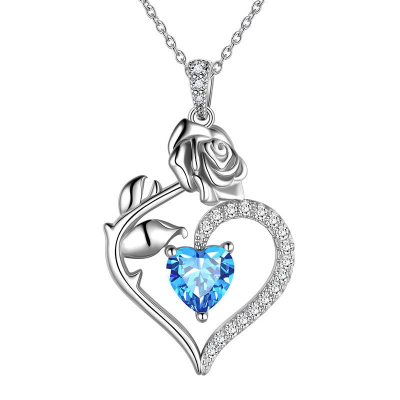 March Aquamarine Heart Birthstone 3D Flower Rose Necklace Pendant - Necklaces - Aurora Tears March Aquamarine Heart Birthstone 3D Flower Rose Necklace Pendant - Necklaces - Aurora Tears