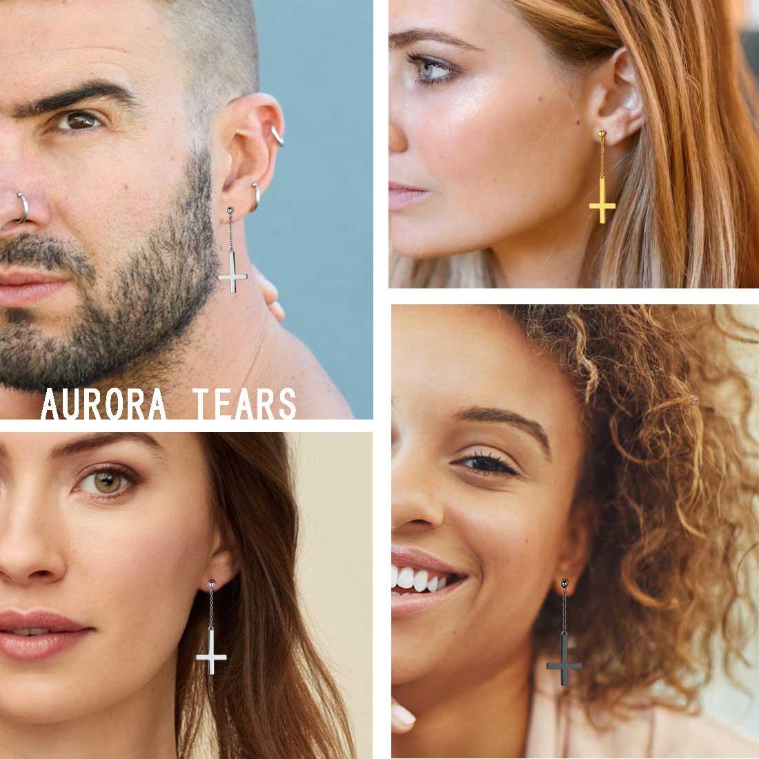 Upside Down Cross Dangle Earrings Sterling Silver - Earrings - Aurora Tears Jewelry Upside Down Cross Dangle Earrings Sterling Silver - Earrings - Aurora Tears Jewelry