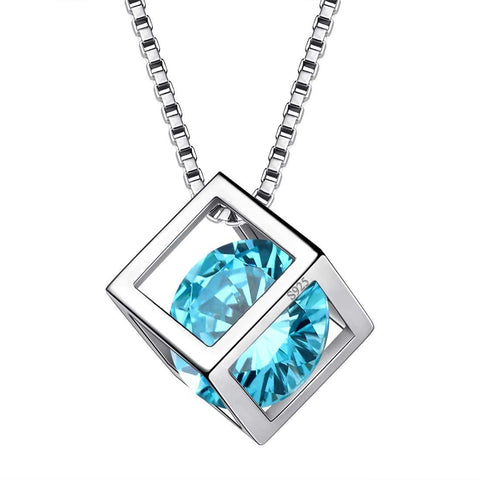 3D Cube Birthstone March Aquamarine Necklace Sterling Silver - Necklaces - Aurora Tears 3D Cube Birthstone March Aquamarine Necklace Sterling Silver - Necklaces - Aurora Tears