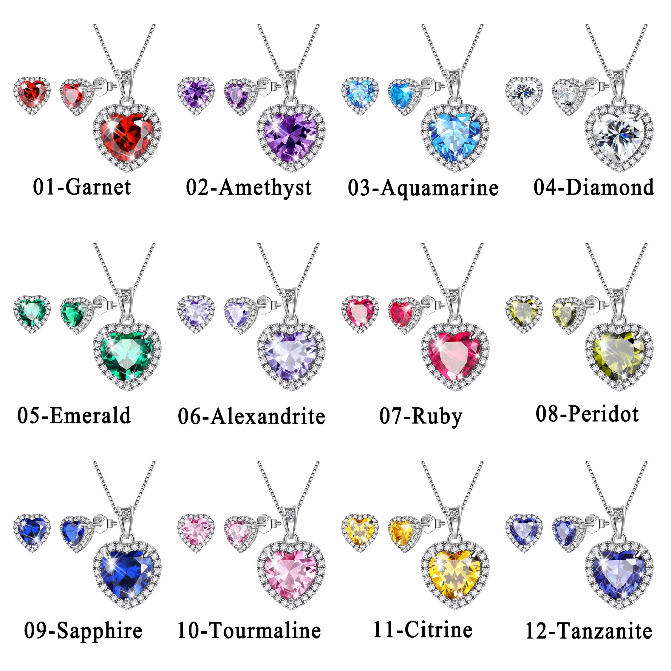 Hearts Jewelry Sets 3Pcs 925 Sterling Silver Birthstone Necklace Earrings For Women Girls Ats0038 Ne