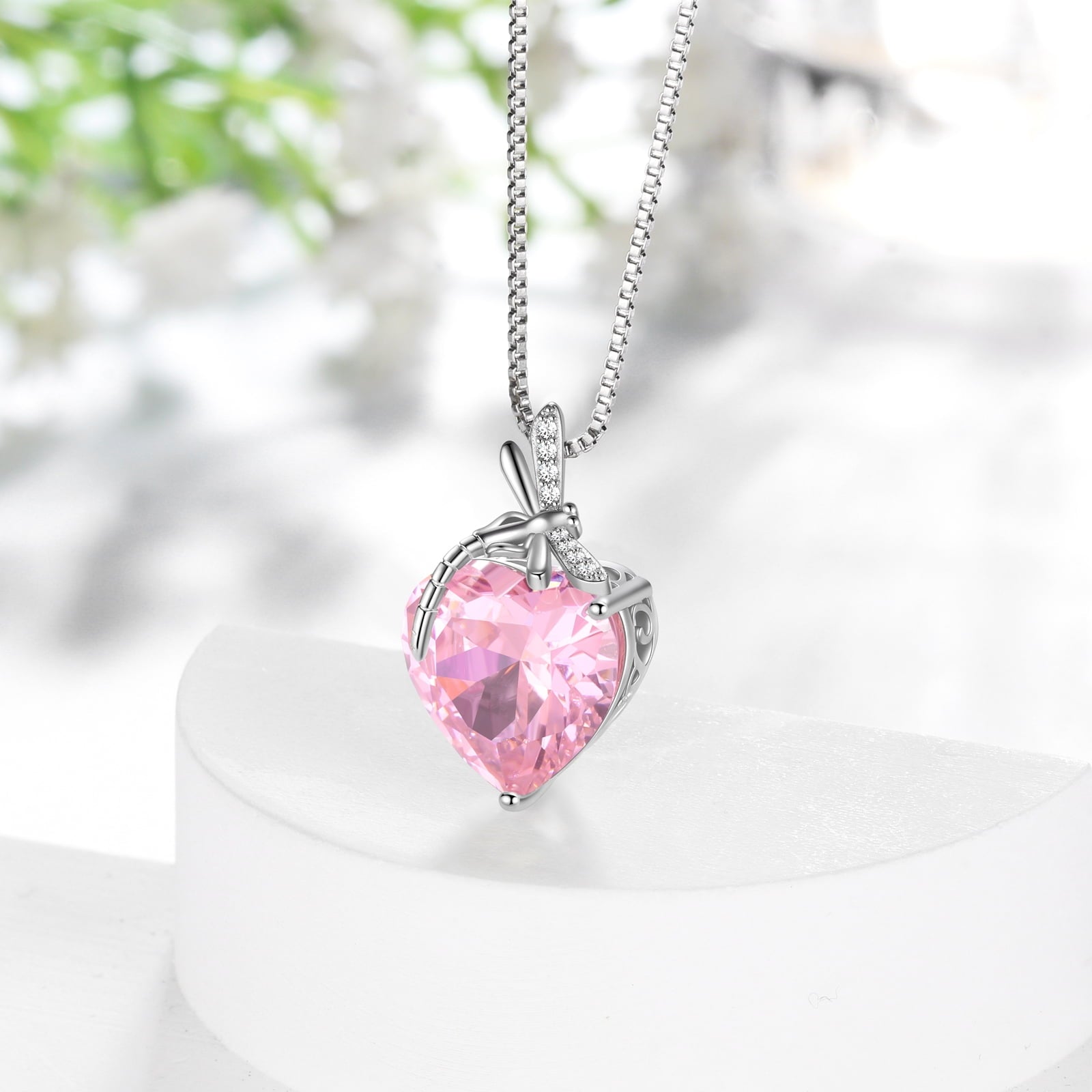Dragonfly Necklace Heart October Birthstone Necklace Tourmaline 925 Sterling Silver Pendant Pink Jewelry Women Birthday Christmas Mother's Day Gift - Aurora Tears