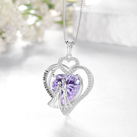 Couple Necklace for Women 925 Sterling Silver Heart June Birthstone Pendant Love You Forever Wedding Engagement Bridal Jewelry Valentines Gift for Wife Girlfriend - Aurora Tears