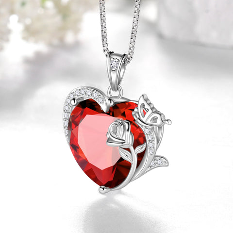Women Heart Necklace Butterfly Rose Flower Pendant January Birthstone Garnet Red 925 Sterling Silver Jewelry Wife Mother Valentine's Day Gifts - Aurora Tears