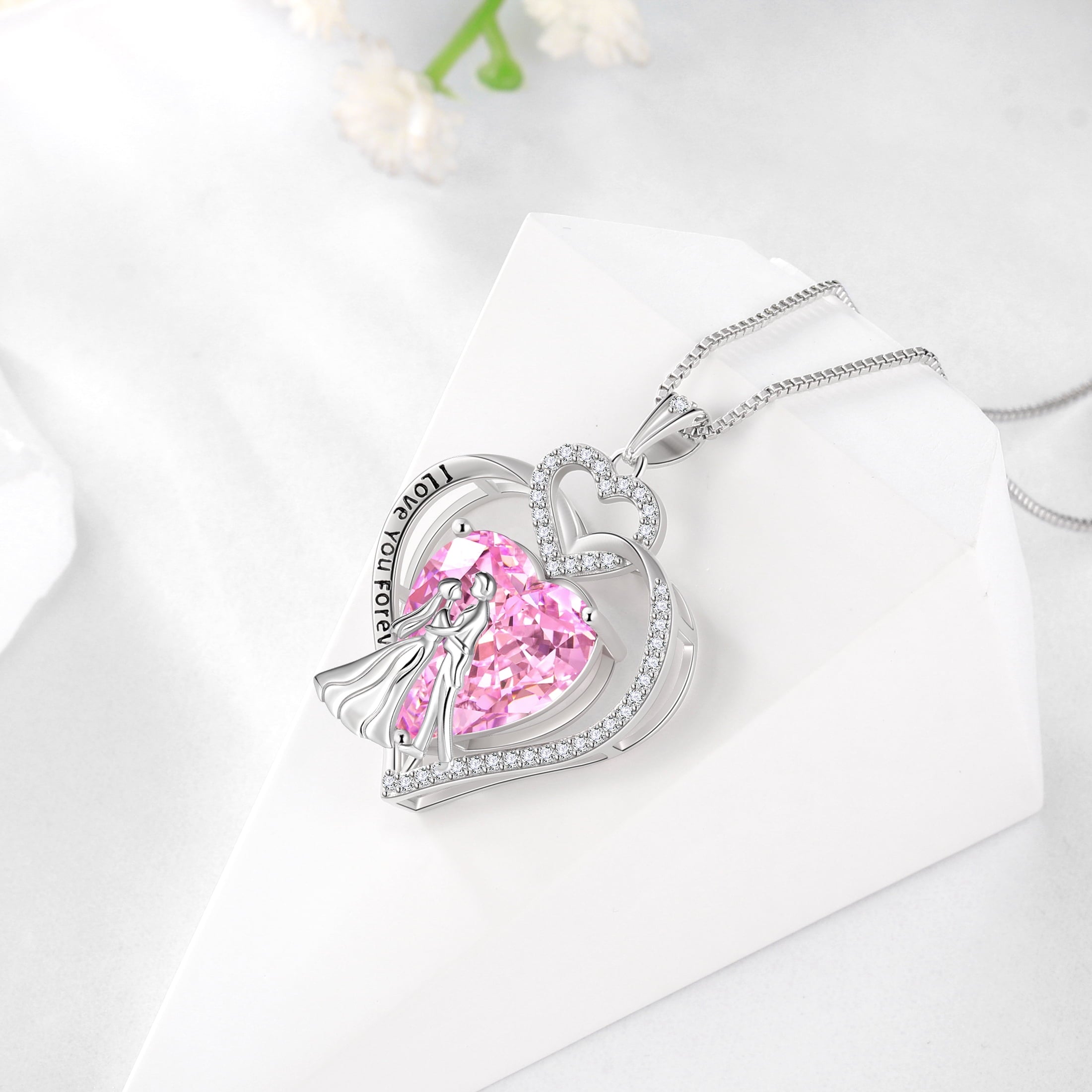 Couple Necklace for Women 925 Sterling Silver Heart October Birthstone Pendant Love Wedding Engagement Jewelry Valentine's Day Gift for Her Wife Bride Girlfriend - Aurora Tears