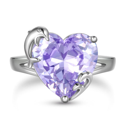 Women Heart Ring 925 Sterling Silver Dolphin Birthstone Solitaire Ring Jewelry Girls Gift