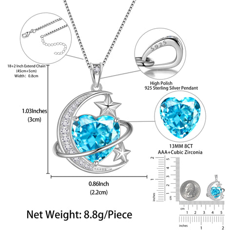 13MM Women Moon Star Necklace Heart March Birthstone 925 Sterling Silver Pendant Blue Aquamarine Planet Celestial Jewelry Birthday Christmas Valentines Gift for Wife/Mother - Aurora Tears